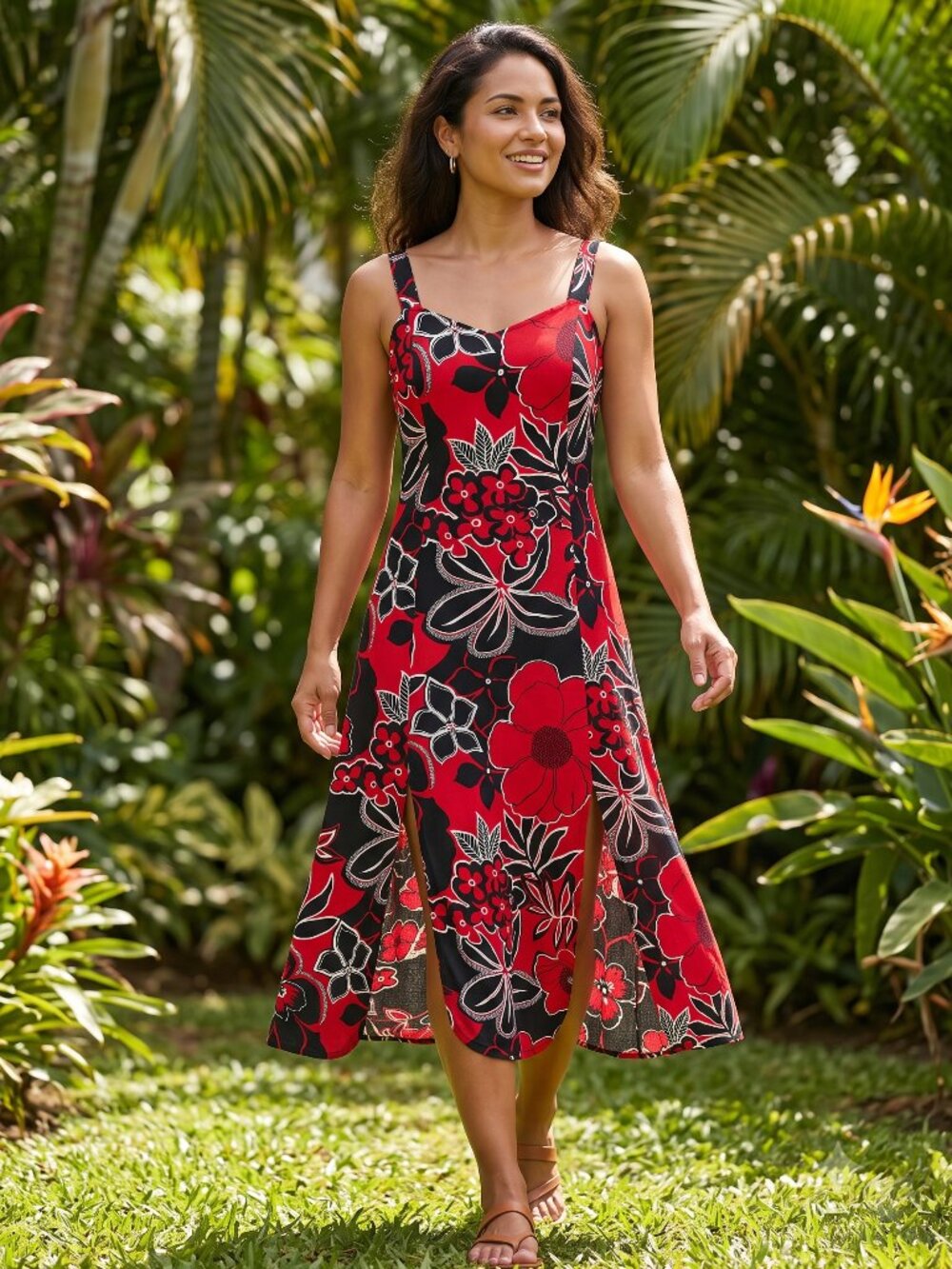 Serendipity Maui Red Black Floral Rayon Midi Dress Size XS